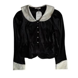 Simple Retro Velvet Blouse L NWT Black White Lace Collar Cuffs Cottagecore VTG
